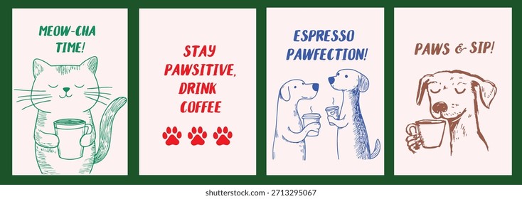 Set of Simple line doodle art illustration of dog and cat with coffee quotes and sayings. Simple and minimalist Funny pet drawing for posters, postcard, banner, social media, ads, t-shirt design. 