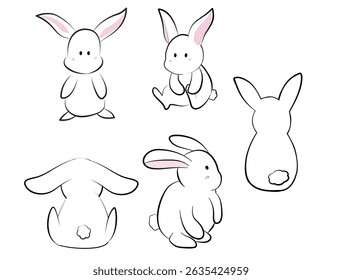 Conjunto de dibujo de línea simple de un conejo blanco con orejas interiores rosadas y una cola esponjosa.