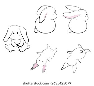 set of simple line drawing of a white rabbit with pink inner ears and a fluffy tail.