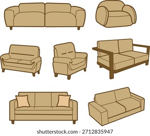 Eine Reihe von einfachen Linien, die verschiedene Sofas und Sessel in einer neutralen beigen Farbe darstellen.