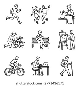 A set of simple line drawings depicting individuals enjoying diverse hobbies and recreational pursuits.