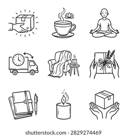A set of simple line drawings depicting various concepts including package delivery, a person meditating, a cup of tea, a cozy armchair, a gift, a notebook, a candle, and a delivery truck.