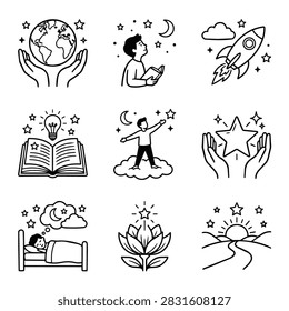 A set of simple line drawings depicting concepts like dreams, learning, and imagination