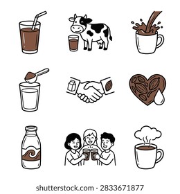 A set of simple line drawings depicting chocolate milk, coffee, a cow, and people enjoying drinks.