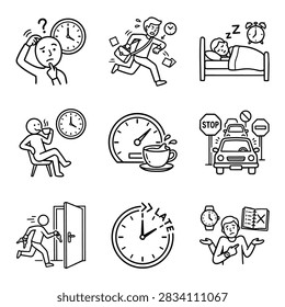 A set of simple line drawings depicting various scenarios related to time pressure and daily routines