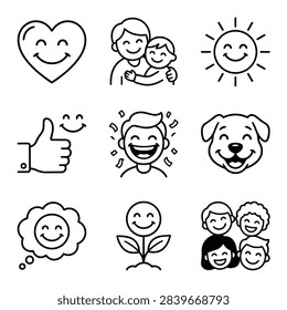 A set of simple line drawings depicting happiness, including a heart, sun, people, dog, and thumbs up.