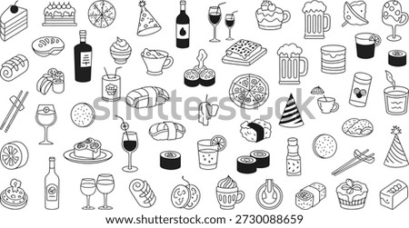 A set of simple line drawings depicting wine, beer, food, and drink related objects