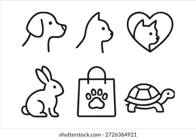 um conjunto de desenhos de linha simples com animais de estimação e uma sacola de compras