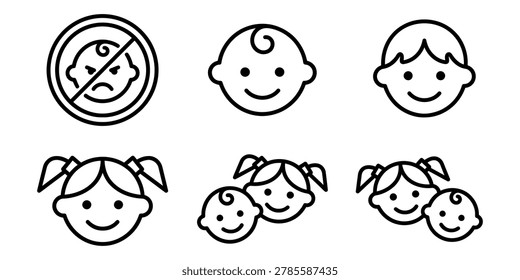 A set of simple line drawings featuring smiling children's faces and a prohibited children symbol
