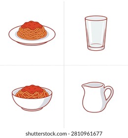 A set of simple line drawings featuring spaghetti pasta on a plate and bowl alongside a glass and pitcher.