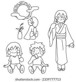 A set of simple line drawings of people with the image of moon viewing