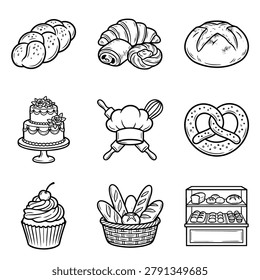 A set of simple line drawings representing various baked goods and bakery related items.