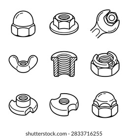 A set of simple line drawings representing different types of nuts and bolts used in construction and engineering.