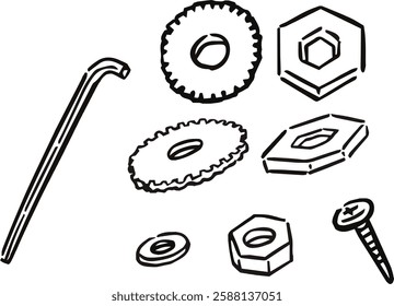 A set of simple line drawings of screws and nails.