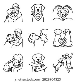 A set of simple line drawings showcasing the loving bond between people and their dogs through various affectionate poses and interactions.