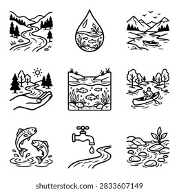 A set of simple line drawings showcasing rivers, lakes, fish, and environmental concepts like conservation and water sources