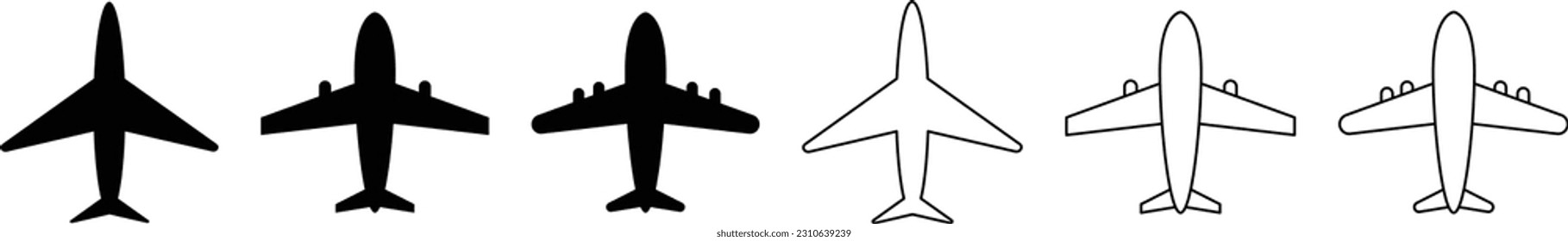 Set of Simple Line Drawings and Silhouette Airplane Icons