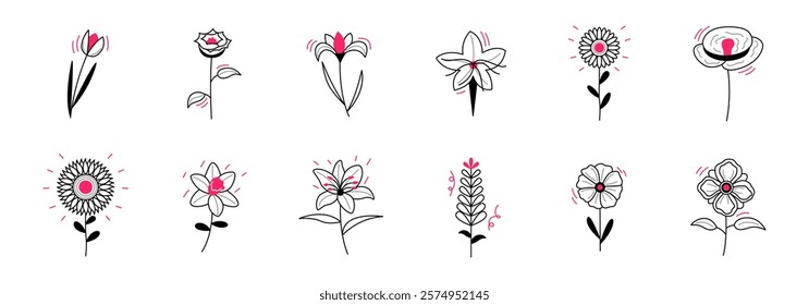 Set of simple line drawings of various flowers, each with subtle pink accents on a white background.