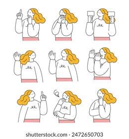 A set of simple line drawings of women with various facial expressions