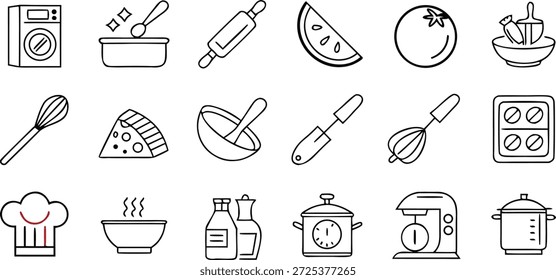 um conjunto de ícones desenhados em linha simples representando vários utensílios e aparelhos de cozinha em um fundo branco limpo para cozinhar e preparar alimentos profissionais de alta qualidade moderna elegante detalhado