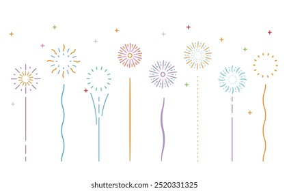 Set of Simple line fireworks background illustration