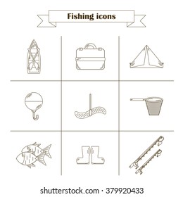 Set of simple line flat fishing icons. Outdoor activity hobby concept
