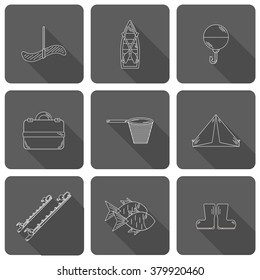 Set of simple line flat fishing icons. Outdoor activity hobby concept