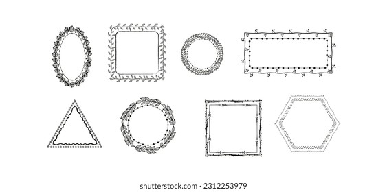 Set of simple line frames. Collection of vertical blank templates to decorate text. Greeting or wedding frames. Botanical circle frame.  Elegant minimal vector isolated set svg