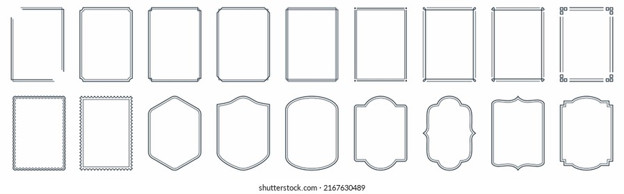 Set of simple line frames with double stroke. Easily editable vector edges with editable line thickness. Collection of vertical blank templates to decorate text. Greeting or wedding frames. - Shutterstock ID 2167630489
