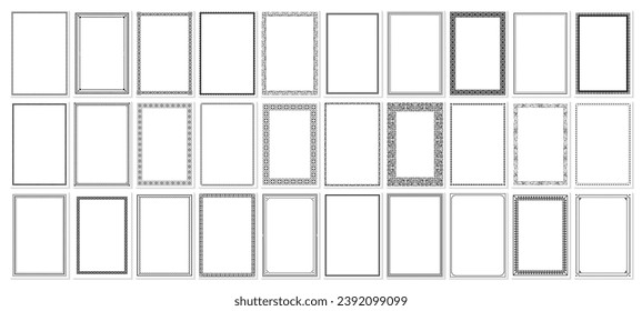 Satz von einfachen Linienrahmen mit Doppelhub. Leicht bearbeitbare Vektorkanten mit bearbeitbarer Linienstärke. Kollektion von vertikalen Blanken-Vorlagen zum Dekorieren von Text. Gruß- oder Hochzeitsrahmen