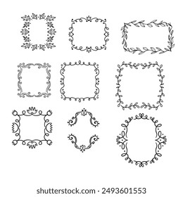 Set of simple line frames with double stroke. Easily editable vector edges with editable line thickness. Collection of vertical blank templates to decorate text. Greeting or wedding frames.