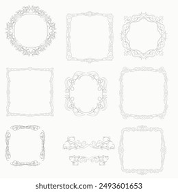 Set of simple line frames with double stroke. Easily editable vector edges with editable line thickness. Collection of vertical blank templates to decorate text. Greeting or wedding frames.