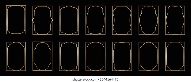 Set of simple line frames with double stroke. Collection of thin linear gold frame, cards, wedding invitations, restaurant menu, royal certificates. Elegant with sparkle and radiance on a.