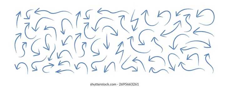 Conjunto de iconos de flechas de Vector curvadas dibujadas a mano de línea simple. colección de flecha dibujada a mano. pincel de tinta flechas dibujadas a mano colección de Vector negro boceto iconos direccionales para su diseño.