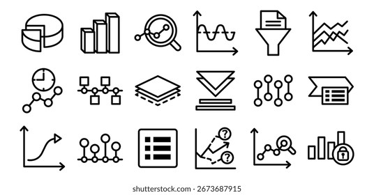 Set of Simple Line Icon Charts and Graphs, Data, Analysis, Visualizations, Business, Statistic, Report, Symbol Vector Design Illustration Collections