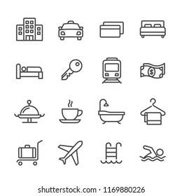 Set simple line icon of related hotel