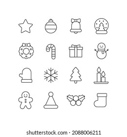 Set of simple line icons of Christmas winter season. Graphic of Christmas icons including stars, trees, decorations, snowman, cookies, gifts, bells.