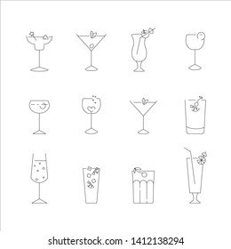 Set of simple line icons of classic cocktails. Outline symbol collection. Editable vector stroke.