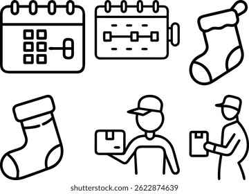 A set of simple line icons depicting Christmas gift delivery, including calendars, delivery personnel, and Christmas stockings. Perfect for websites, apps, or presentations.