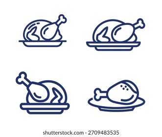Conjunto de ícones de linha simples representando frango assado em travessas, perfeito para temas culinários.