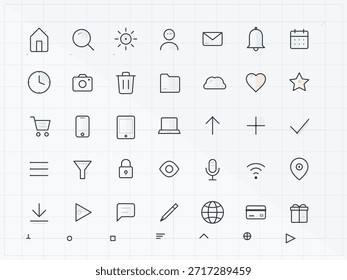 Conjunto de iconos de líneas simples que se muestran en un fondo de cuadrícula. Los iconos representan diferentes actividades o funciones como comunicación, compras y navegación.