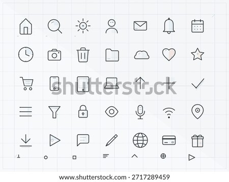 A set of simple line icons displayed on a grid background. The icons represent different activities or functions like communication, shopping, and navigation.