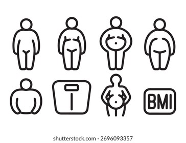 Set of simple line icons illustrating body mass index (BMI) categories, weight scale, and human figures representing different body types.