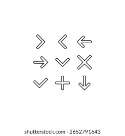 Set of simple line icons, including various arrows, plus, and checkmark.