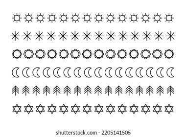 A set of simple line icons repeating pattern border illustrations. Icon of sun, sun, star, flower, moon, tree and nature concept.