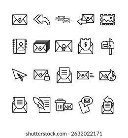 A set of simple line icons representing various email, mail, and communication related symbols. Includes envelope, arrow, delivery, mailbox, notification and other message concepts.