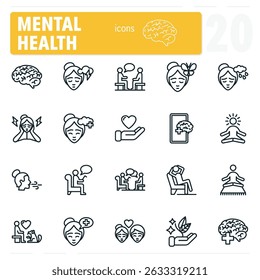 Set of simple line icons representing different aspects of mental health, including therapy, meditation and mindfulness