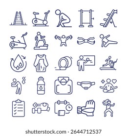 A set of simple line icons representing various fitness and exercise related activities.