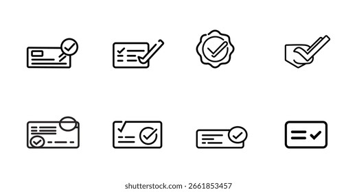 Satz einfacher Liniensymbole, die genehmigte Dokumente darstellen Eine Sammlung schwarzer Liniensymbole, die verschiedene Dokumente mit Auswahlfeldern darstellen und die Genehmigung, Überprüfung und Validierung ermöglichen.