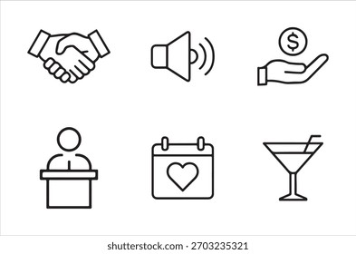 A set of simple line icons representing business, events, and various concepts.